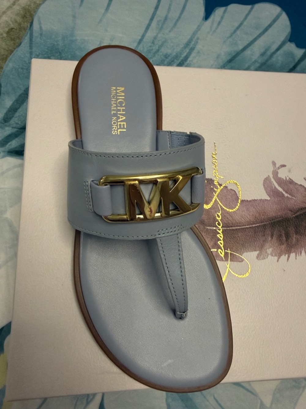 Michael Kors Light Blue Thong Sandal with Gold MK Plaque